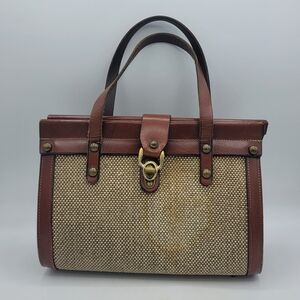 JóLe Handmade Leather & Woven Fabric Satchel Top Handle Bag Brass Hardware Vtg